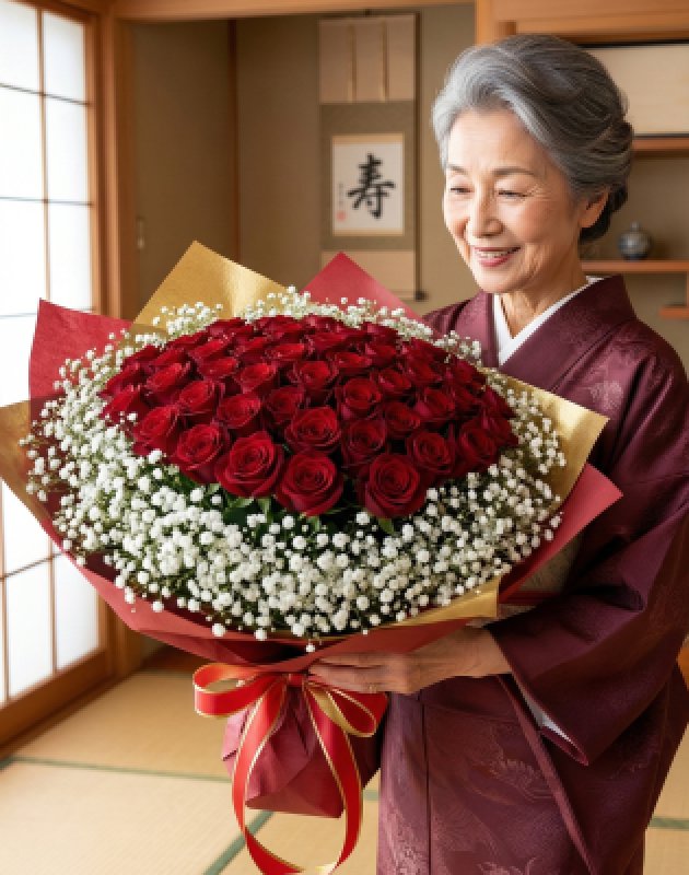画像1: 沖縄で長寿祝いに贈る赤バラ108本とカスミソウの花束 (1)