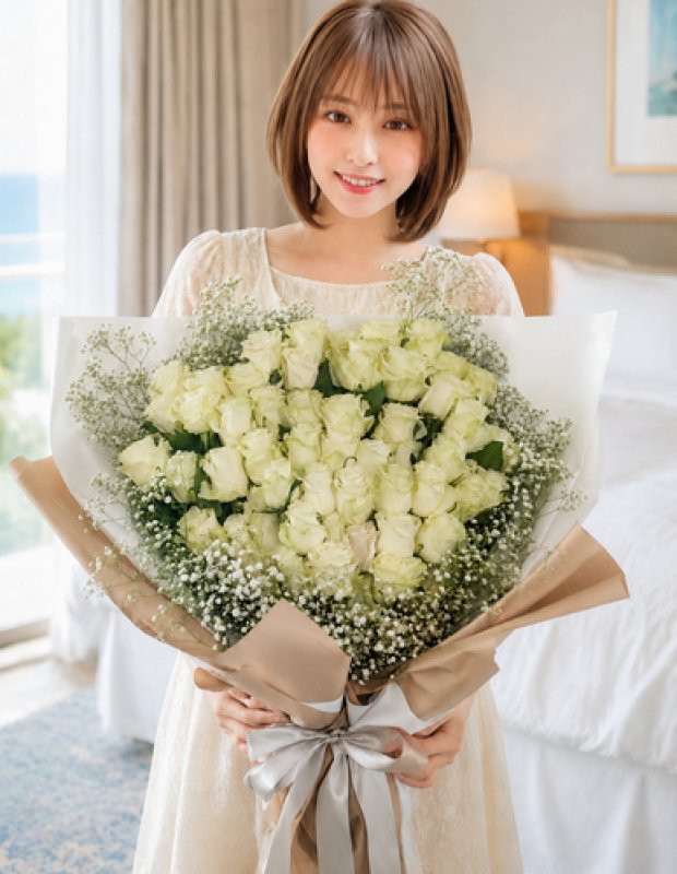 画像1: 沖縄 プロポーズ 白バラ60本とカスミソウの花束 (1)