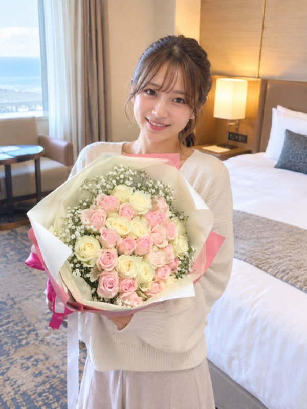 画像1: 沖縄でプロポーズ 白薔薇＆ピンクバラ40本かすみ草の花束（沖縄配達対応） (1)